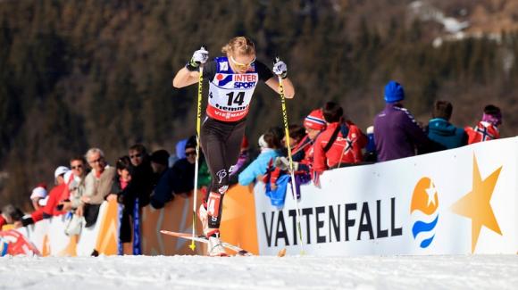 Olympian Liz Stephen, seen here racing at World Championships, skied into the top spot for the USA in 11th during the warm and rainy FIS World Cup 10k classic race Saturday. (Sarah Brunson/U.S. Ski Team)