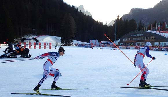Simi Hamilton (Aspen, CO) led the U.S. Cross Country Team to a historic podium in a 1.3k freestyle sprint Saturday in Toblach, Italy. (FIS)