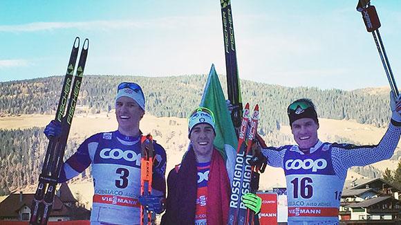 Simi Hamilton (Aspen, CO) skis to a historic podium finish Saturday for the U.S. Team in the 1.3k sprint in Toblach, Italy (Noah Hoffmam)