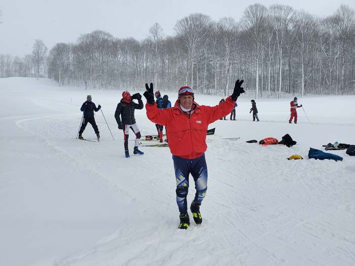 Ernie Brumbaugh peace and victory at the Boyne Vistas XC ski race