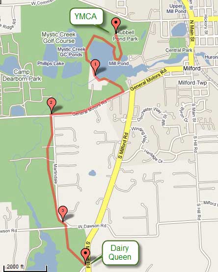 Map of Milford Trail, paved for roller skis, bikes, inline skates, running