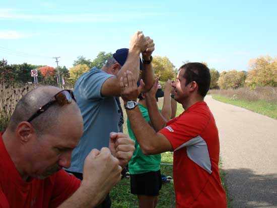 Showing the power of driving poles through the elbows instead of the hands
