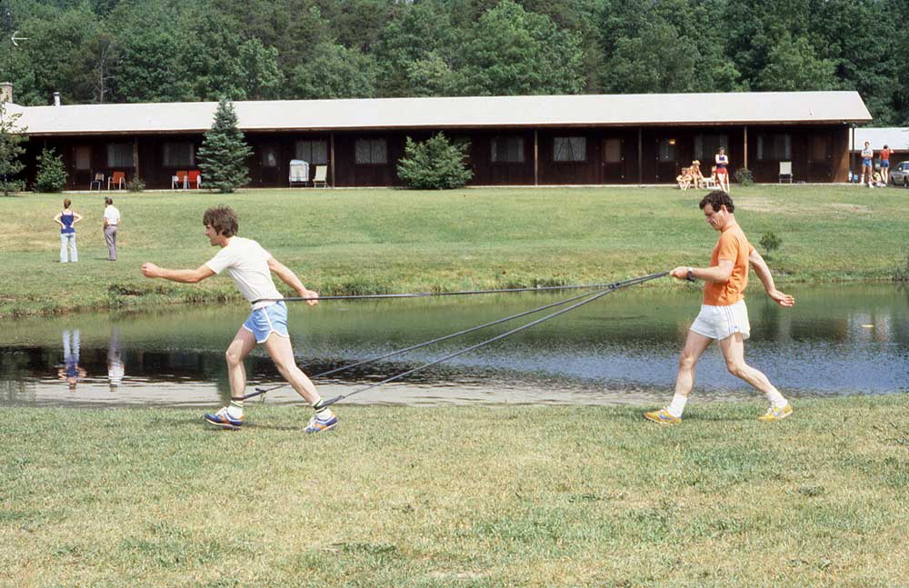 Fall 1979 Ski camp at Ranch Rudolf. Mike McManus reining in Chris.