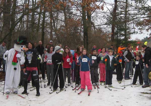 Frosty the Snowman getting ready to lead the kids out at the SELCRA Frosty Kids cross country ski race