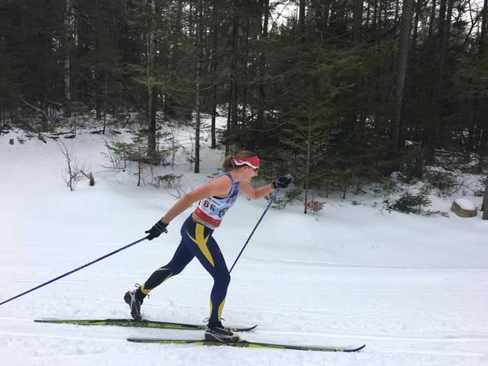 Senior Ellen Wiitala skiing to 4th place in the Women's 15km Classic at the  USCSA National Championships in Lake Placid, NY