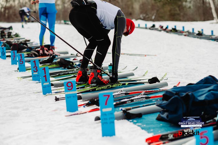 Great Bear Chase Skiathlon XC skier in exchange zone