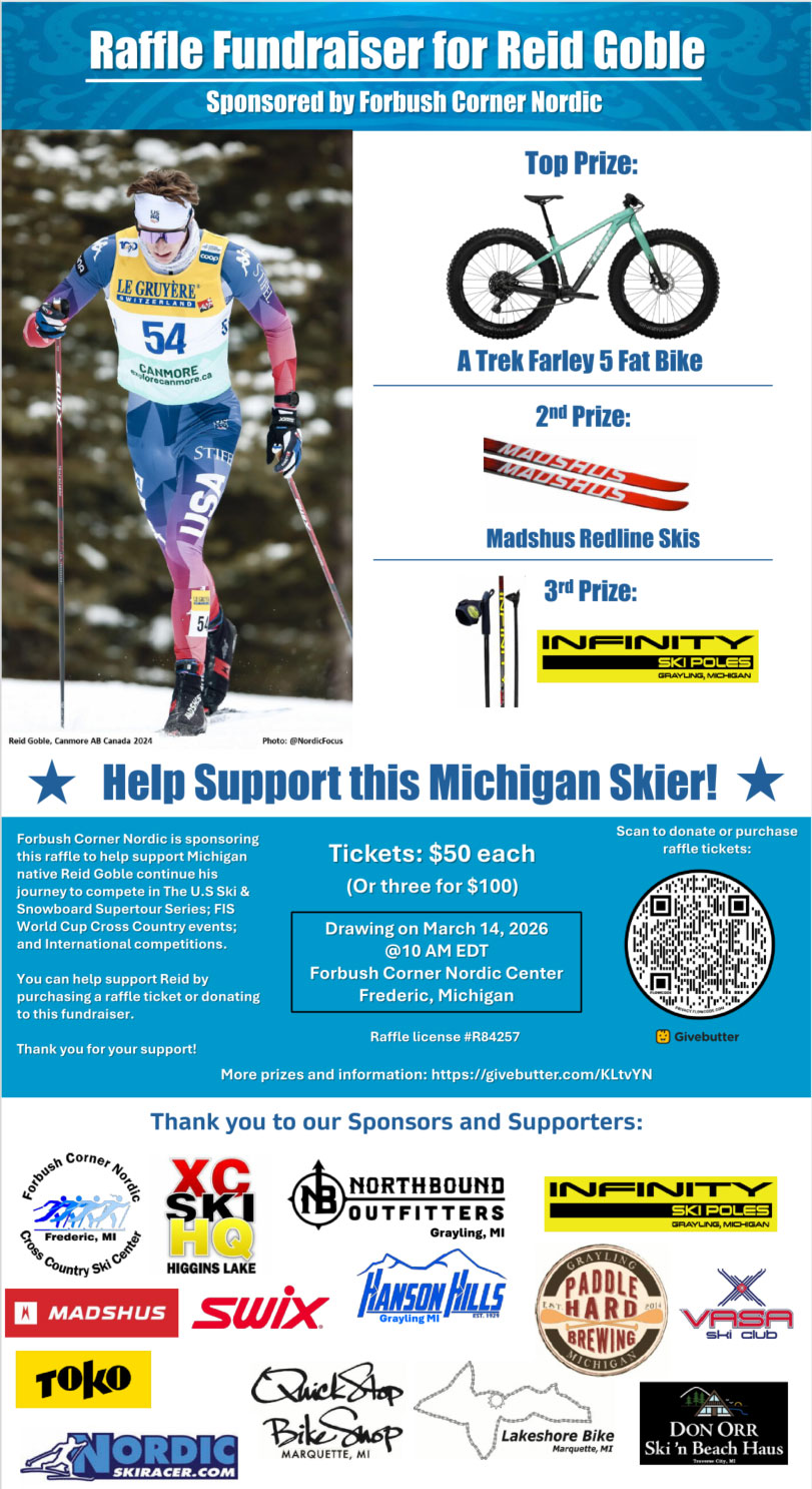 Raffle fundraiser poster for Reid Goble with list of prizes and sponsors