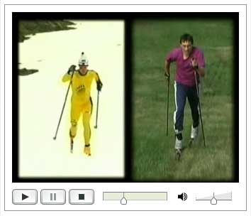 Front view of skiers on snow and on CAT skis