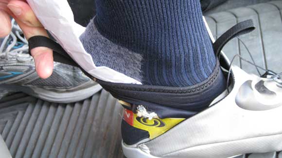 Sliding my foot into the Salomon cross country ski boots