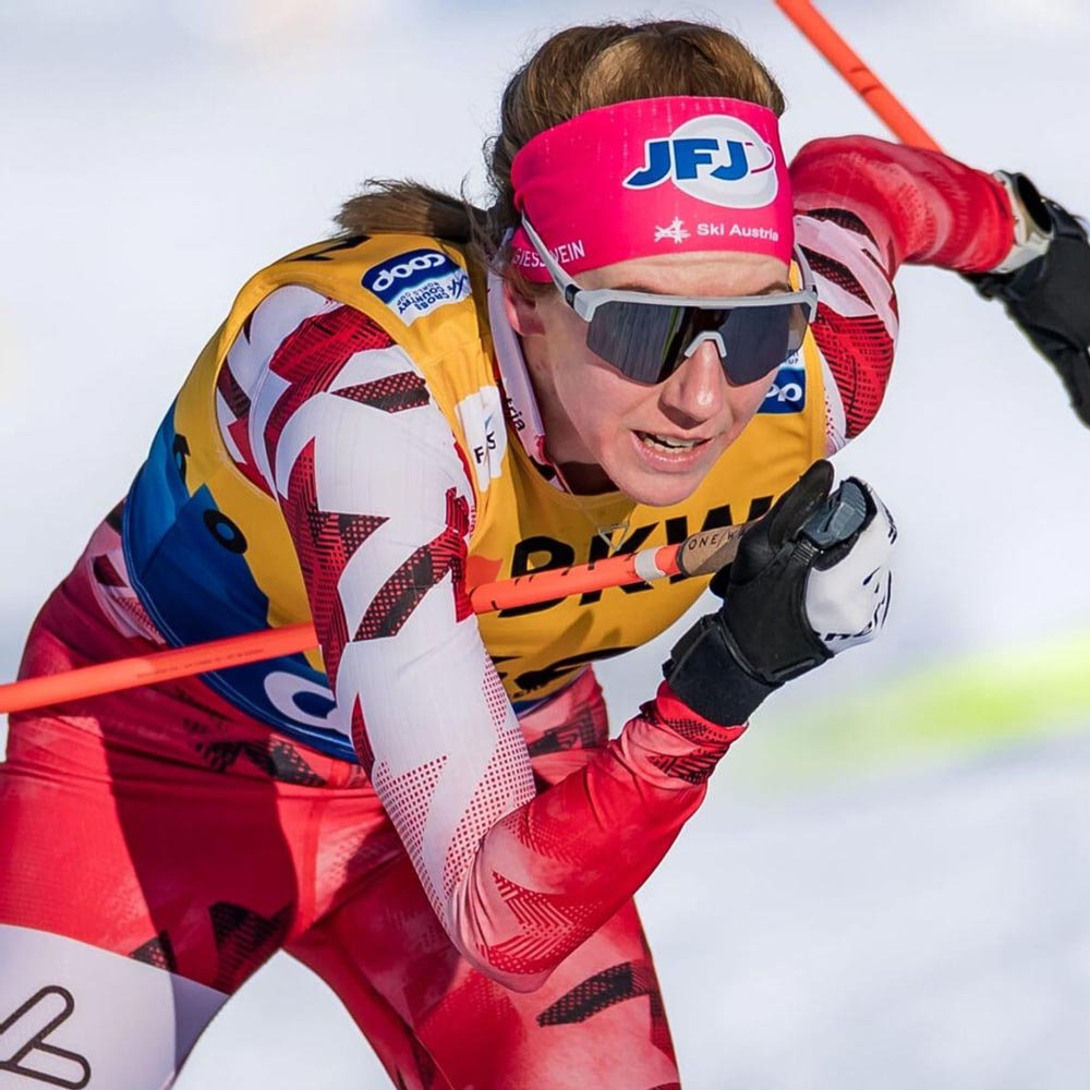 Closeup of XC Skier with aerodynamic suit