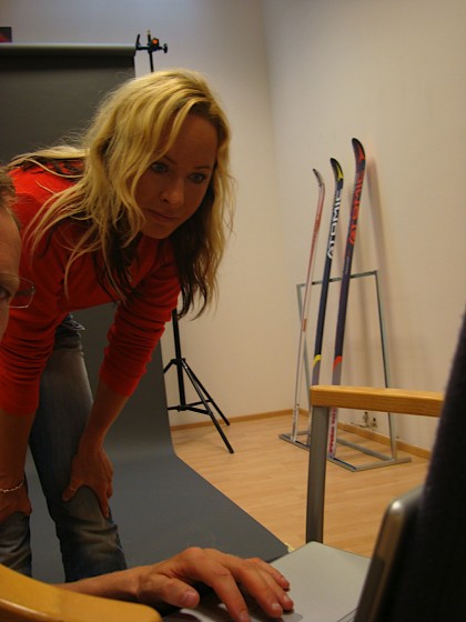 Riita-Liisa at the factory reviewing her base grinds from the past season.  Data was stored on every grind that was test for each race.