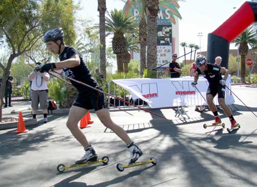 Hellner leads Northug in the second heat. Photo: Jesse Winter