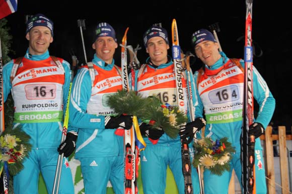 U.S. Men's Relay Team Finishes 6th at Ruhpolding World Cup (left to right:Lowell Bailey (Lake Placid, NY), Jay Hakkinen (Kasilof, Alaska), Tim Burke (Paul Smiths, NY), and Jeremy Teela (Heber City, UT)) Credit: V.Franke/U.S. Biathlon