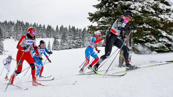 Kikkan Randall, shown here in Saturday's snowy 10k, went down hard in a crash just after the start of Sunday's World Cup sprint finals. (Getty Images/Agence Zoom)