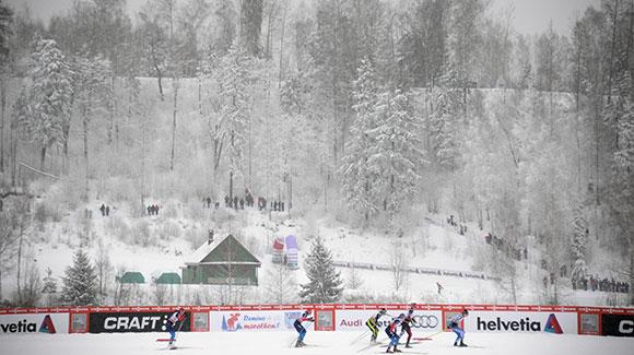 The women skate through a frozen landscape in Rybinsk during a World Cup freestyle sprint where Jessie Diggins finished fifth. (Getty Images/AFP-Alexander Nemenov)