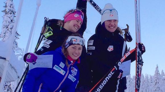 Jessie Diggins, Petra Novakova and Caitlin Gregg stand on the podium at Gaellivare. (USSA)