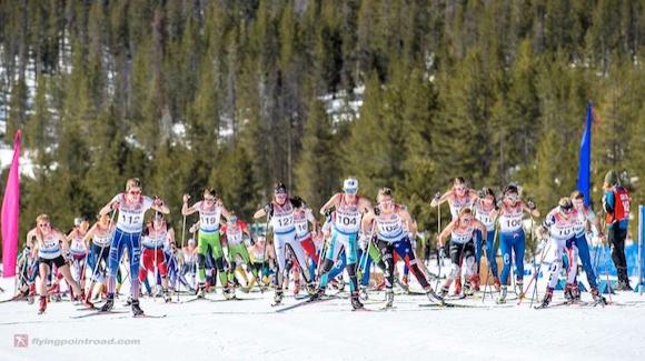 Cailtin Gregg (bib 104) lights out at the start of today's 30k mass start event near Ketchum, Idaho. Gregg took the title ahead of Liz Stephen and Sadie Bjornsen. Noah Hoffman won the men's 50k title. (Flyingpoint Photo)