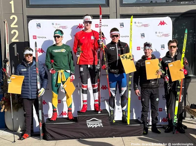 Reid Goble on podium for winning Super Tour 10K Classic in Minneapolis