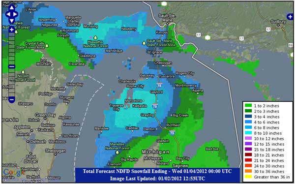 Winter storm snowfall forecast for Michigan