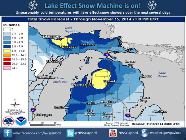 Forecasted November 2014 snow fall for northern Michigan