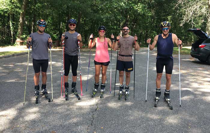 Jeremiah and Lizzie Osteen on rollerskis