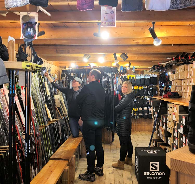 Getting cross country skis at the Cross Country Ski Headquarters in Roscommon Michigan